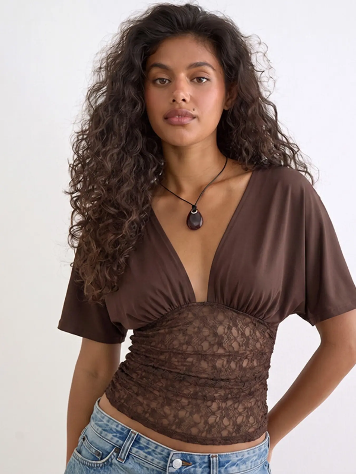 Women's Summer Deep V Neck Slim Fit T-Shirt Top, Lace Insert + Batwing Sleeve Design, Perfect for Daily Outing & Shopping, Casual Daily Tops
