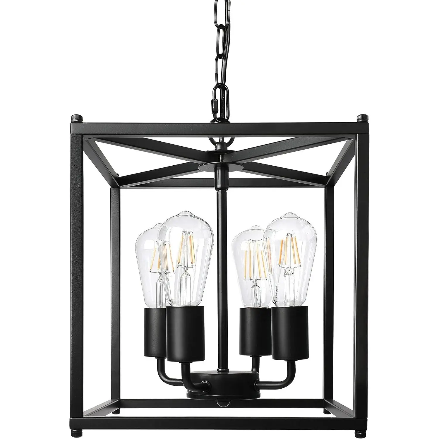 4-Light Black Farmhouse Chandelier, Iron Lantern Pendant Light Rustic Cage Adjustable Height, E26 Base Industrial Hanging Lights for Kitchen Island Dining Room Hallway Foyer Entryway