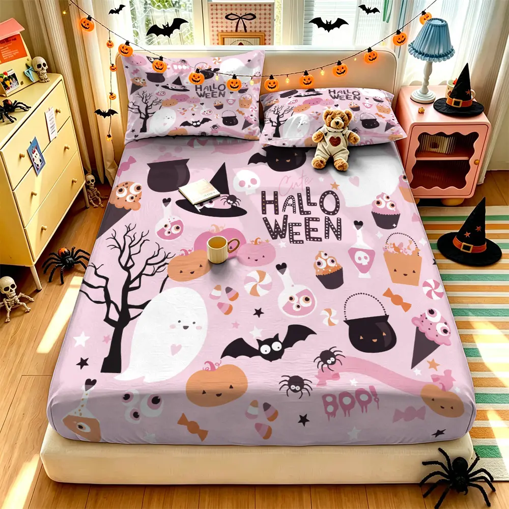 (1 fitted sheet + 2 pillowcases, no filler),Cute Halloween elemental pattern,Soft comfy polyester fitted sheet 3-piece bedding set with vivid clear patterns, nice room decor and exquisite gift for home bedroom