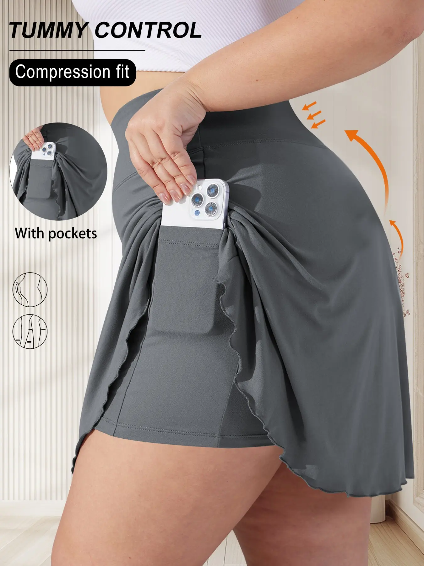 Plus Size High-Waisted Tennis Skirt Pants, Phone Pocket, Four-Way Stretch, Anti-See-Through Lining, Golf/yoga/running Shorts, Casual Sporty Skirt, Solid Pocket Skorts, Skorts With Pockets, Casual Comfy Skorts