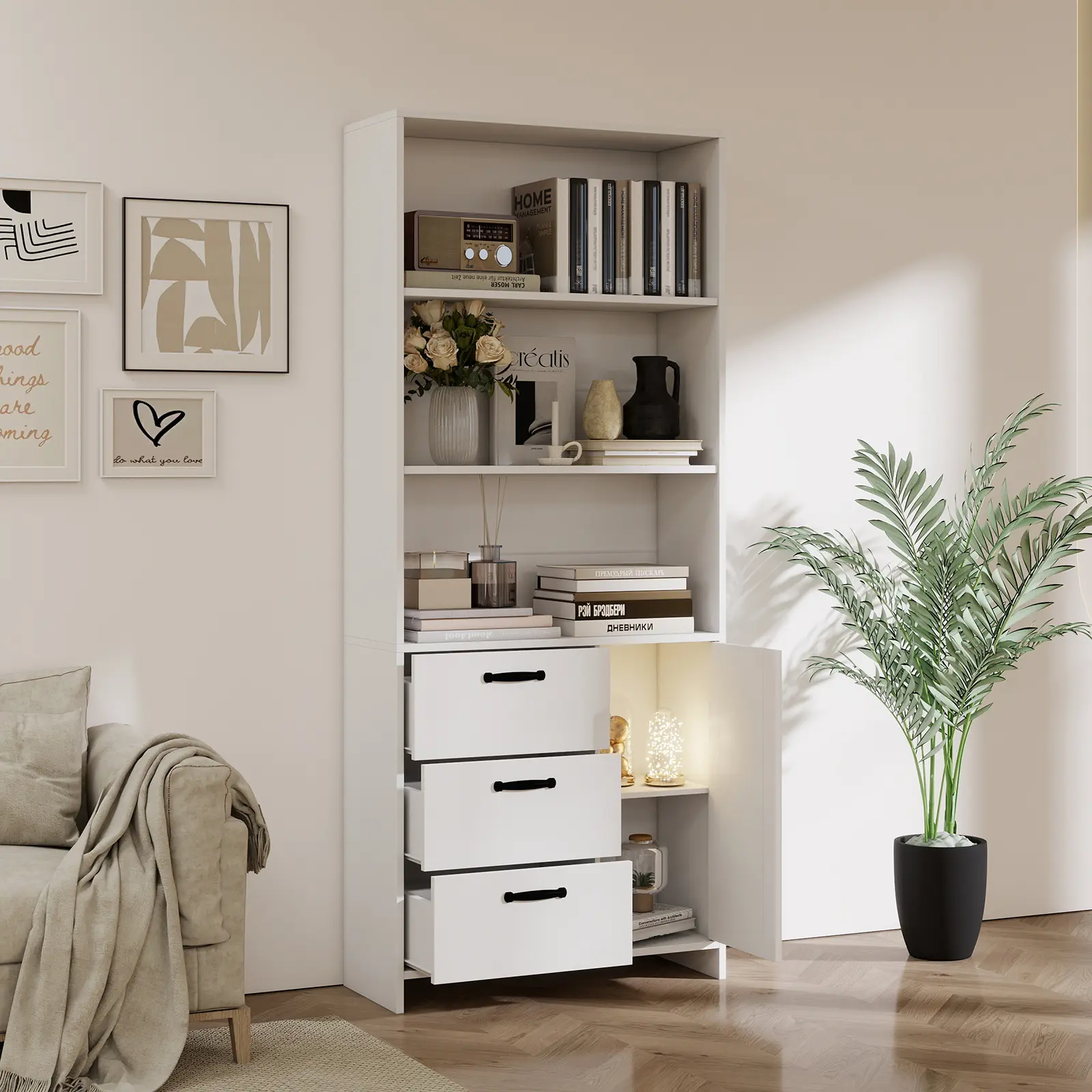 6-Tier Bookshelf with Door and 3 Drawers, 71" Tall Bookcase with 3-Tier Open Shelves, Wooden Book Shelf with Storage Cabinet for Home Office, Living Room, Bedroom, White