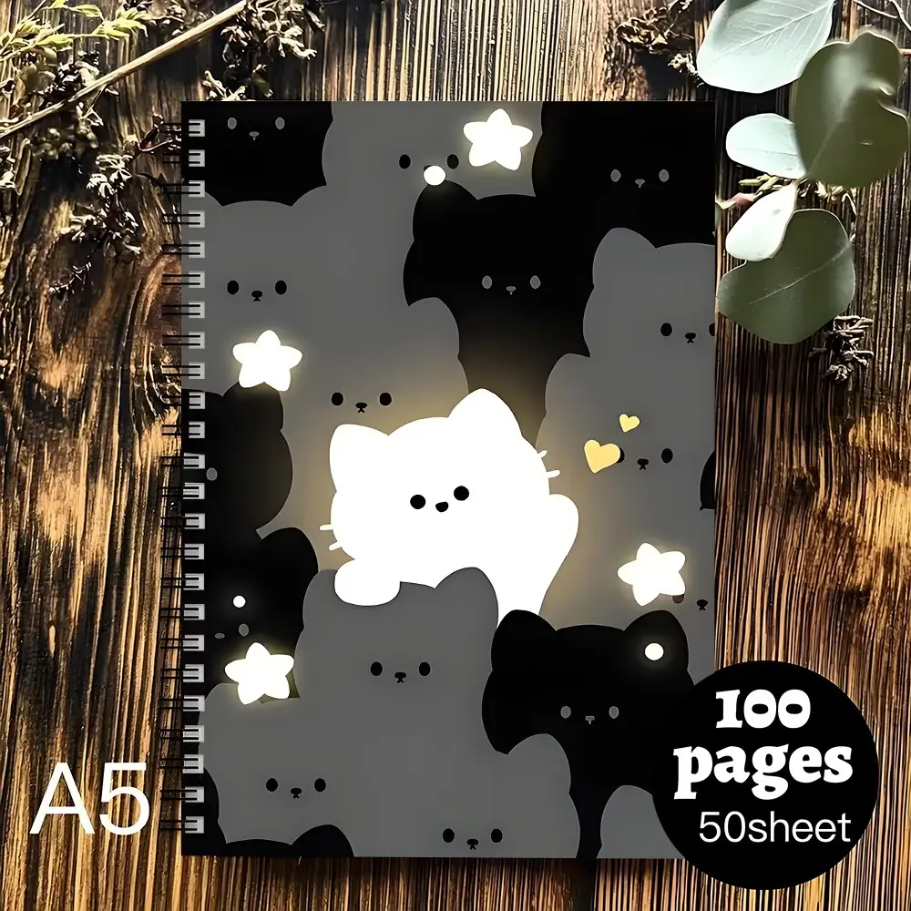 A5 Cute Monochrome Cat Spiral Notebook 100 Pages, Black White Grey Kawaii Kitty Aesthetic Journal Notebook, Cozy Cute Writing Notebook, Lovely Cat‑Lover Gift for Girls Teens Women, Perfect for purchasing school stationery supplies for the new school term