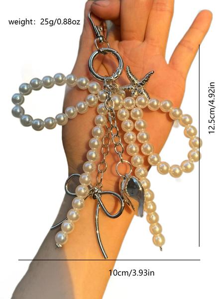 Niche design exquisite pearl string keychain, metal bow starfish pendant, sweet and fashionable pearl bow silver heart pendant car keychain pendant versatile bag pendant, shoulder bag crossbody bag small item keychain pendant, Trendy Cute Keychain