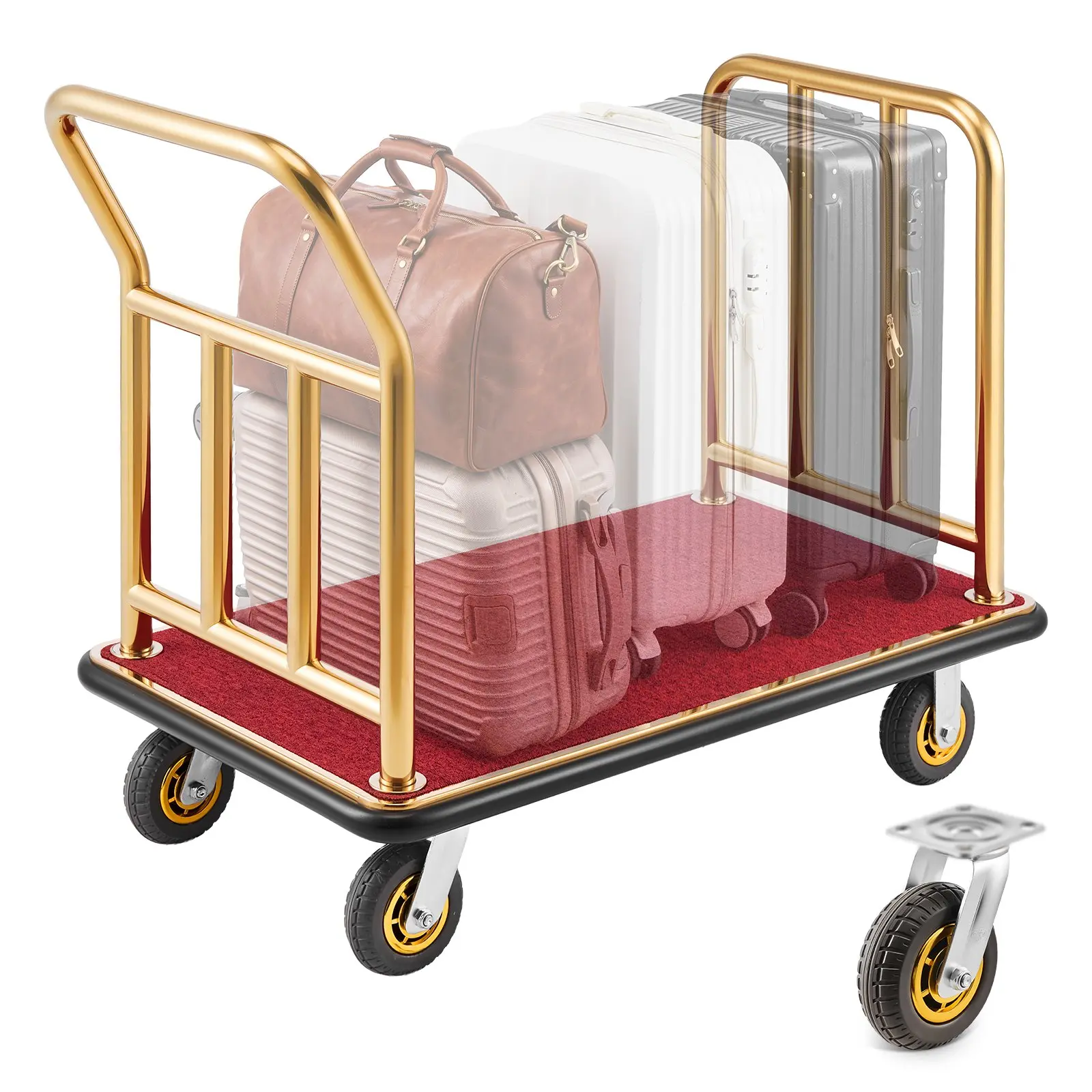 VEVOR Heavy-Duty Bellman Cart, 750 lbs Capacity Stainless Steel Frame Luggage Cart Type with 6 in Rubber Wheels, Red Carpeted Deck, 1080x650x970 mm (42.5x25.6x38.2 in) Commercial Carrier for Hotels, Apartments, Resorts