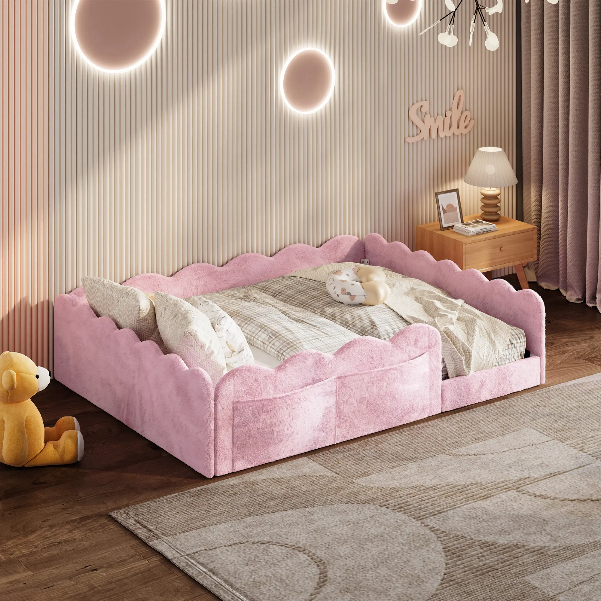 ARCH Full Size Low Profile Montessori Upholstered Floor Bed for Kids Toddlers, Pink Rabbit Plush Fabric, Wave Guardrails with High-Density Foam Padding, Heavy-Duty MDF-LVL Frame, 10 LVL Slats, No Box Spring Needed, Side Storage Pockets