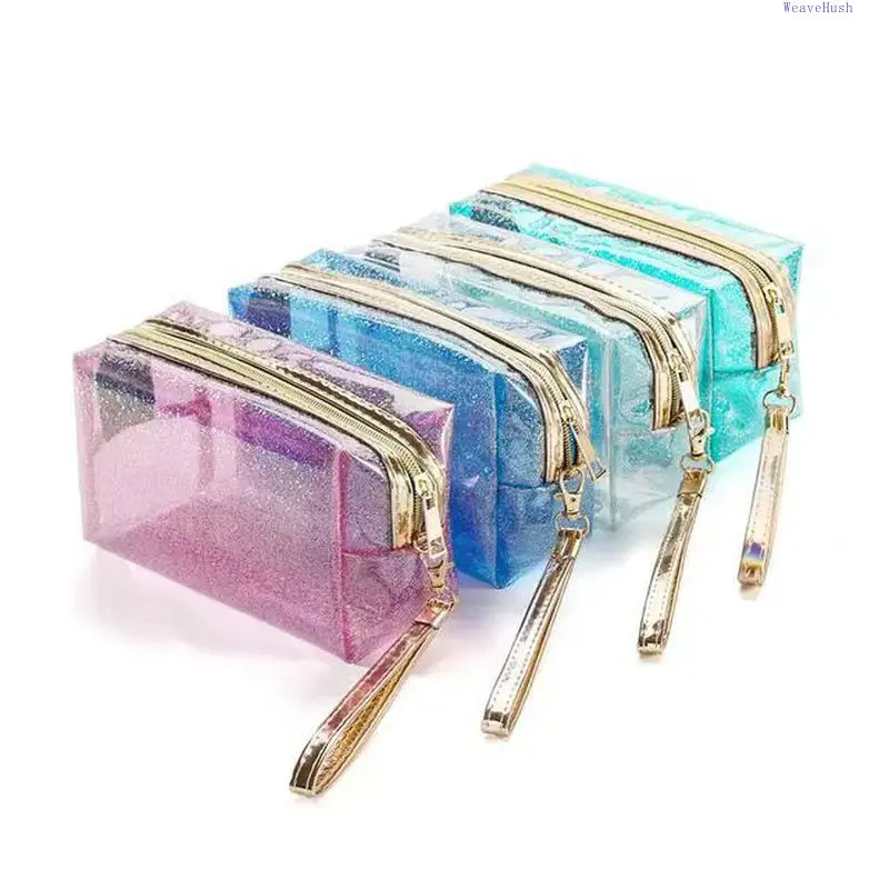 Waterproof Clear PVC Cosmetic Bag equipped with zipper and hand handle. Minimalist practical design for toiletries and makeup. Transparent body for quick access, ideal travel organizer for short trips and daily outings.