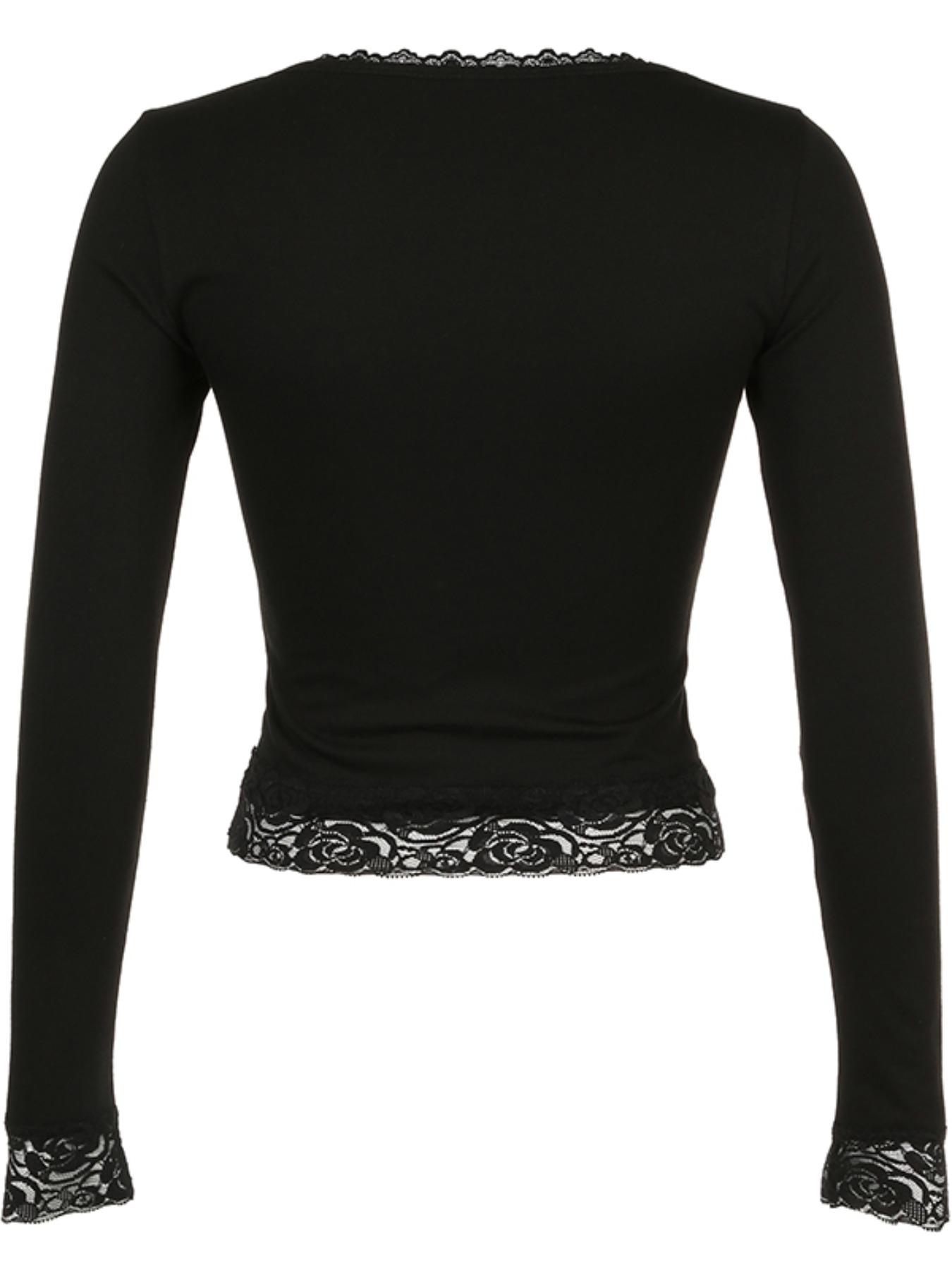 Women's Vintage Y2K Aesthetic Contrast Lace Square Neck Crop Tee, Women's T Shirts, Street Solid Long Sleeve Slim Top for Fall, Spring, Please Purchase A Size Up