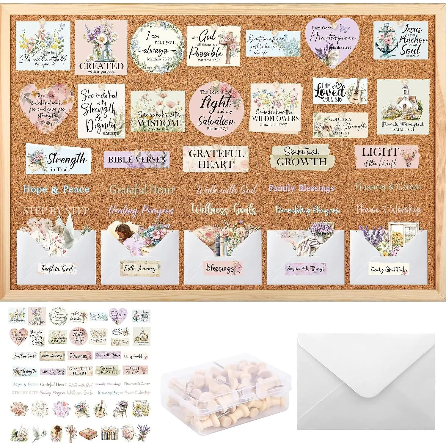 Prayer Board Kit for Women 162 Pcs Spring Floral Christian Vision Board Supplies Set with Bible Verse Cards Stickers Envelopes Pins Faith Prayer Board Accessories for Home Church Wall Decor