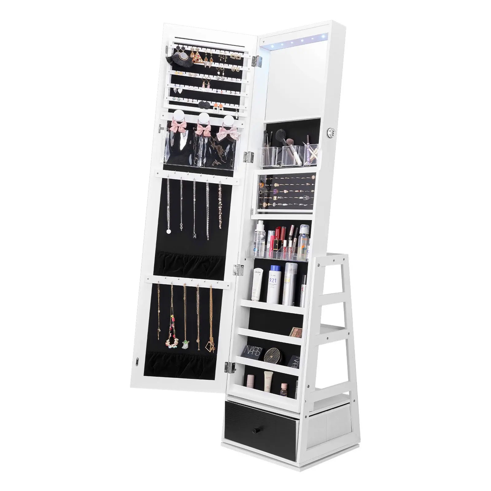 VEVOR Mirror Jewelry Cabinet, 360 Swivel Standing Mirror with Storage, Lockable Jewelry Mirror Organizer with Full Length Mirror, Velvet Lining, LED Light, Drawer, Freestanding Jewelry Armoire, White