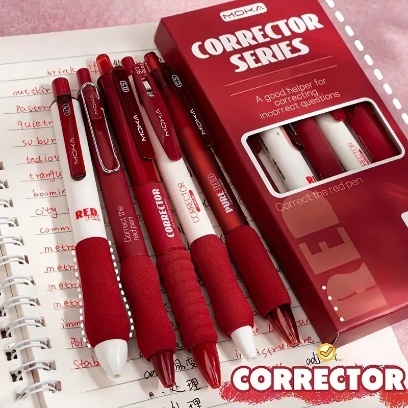 A Set of 5 Red Gel Pens, Featuring a 0. 5mm Press-Type Red Ink Pen, Suitable for Grading Assignments, Marking Key Points, Corrections, And Fine Writing Tools for Back-to-.