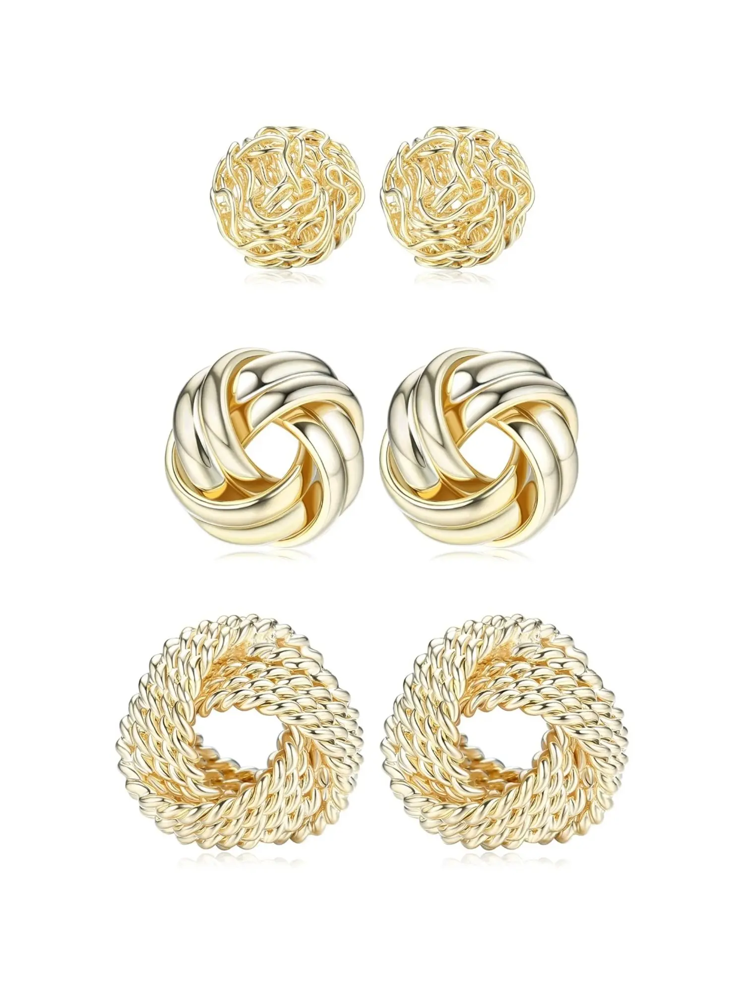 3 Pairs Chic Neutral Twisted Metal Copper Round Stud Earrings for Women Solid Copper Golden Statement Ear Jewelry Chaotic Wire Woven Spherical Studs Mirror Polished Intertwined Knot Circle Studs Tight Braided Rope Hollow Ring Studs Modern Twisted Earrings