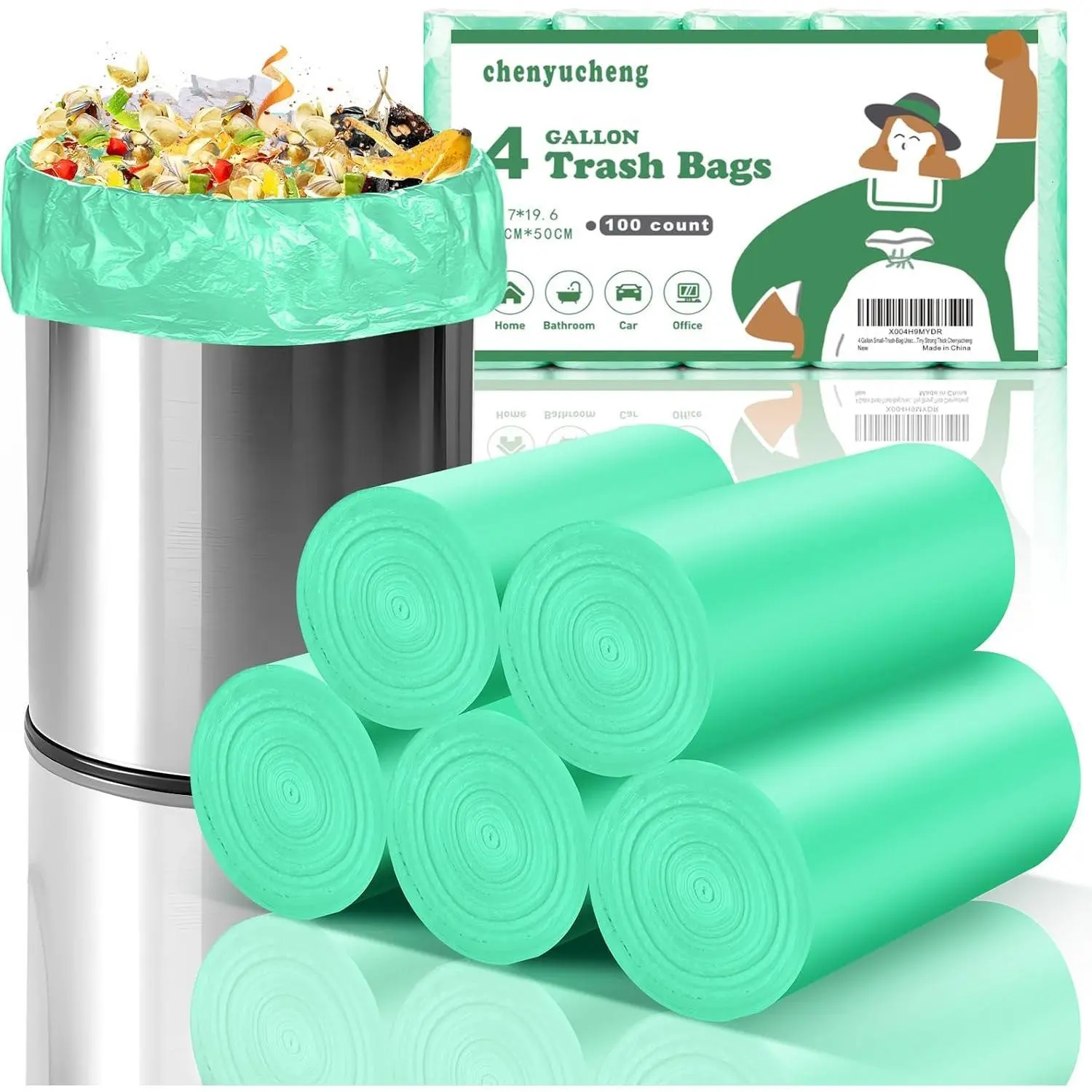 4 Gallon Small Trash Bag Bathroom Green 100 count Unscented | 4 Gal Mini Garbage Bags,15 Liter,Biodegradable Kitchen Office Car Waste Basket Liners,Tiny Strong Thick