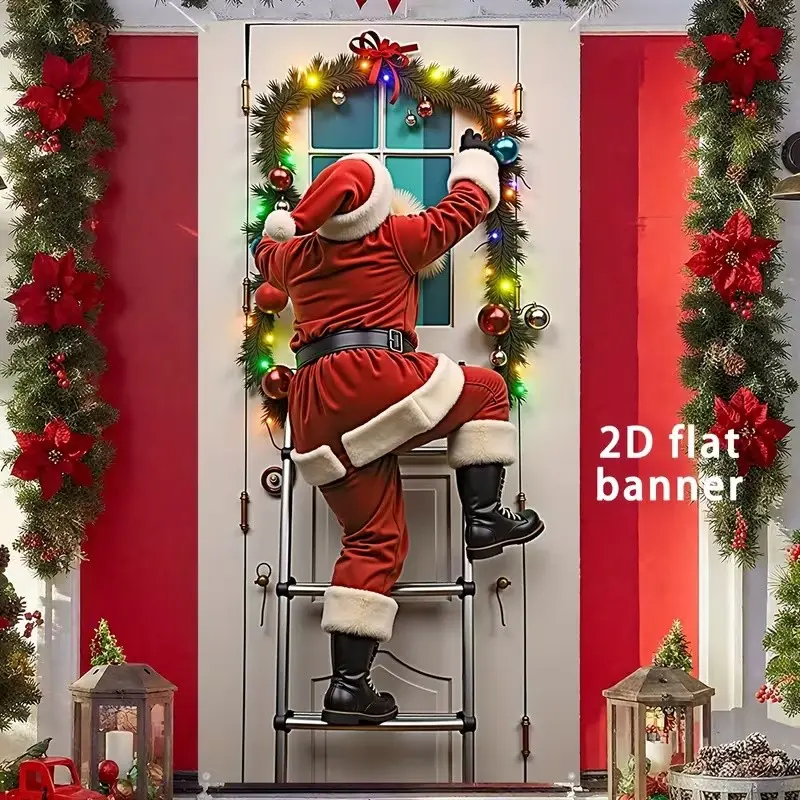 2D Christmas Door Flag, Santa Climbing Stairs Design, Durable Polyester, 35.4"x70.8", Holiday Decoration, Single Piece