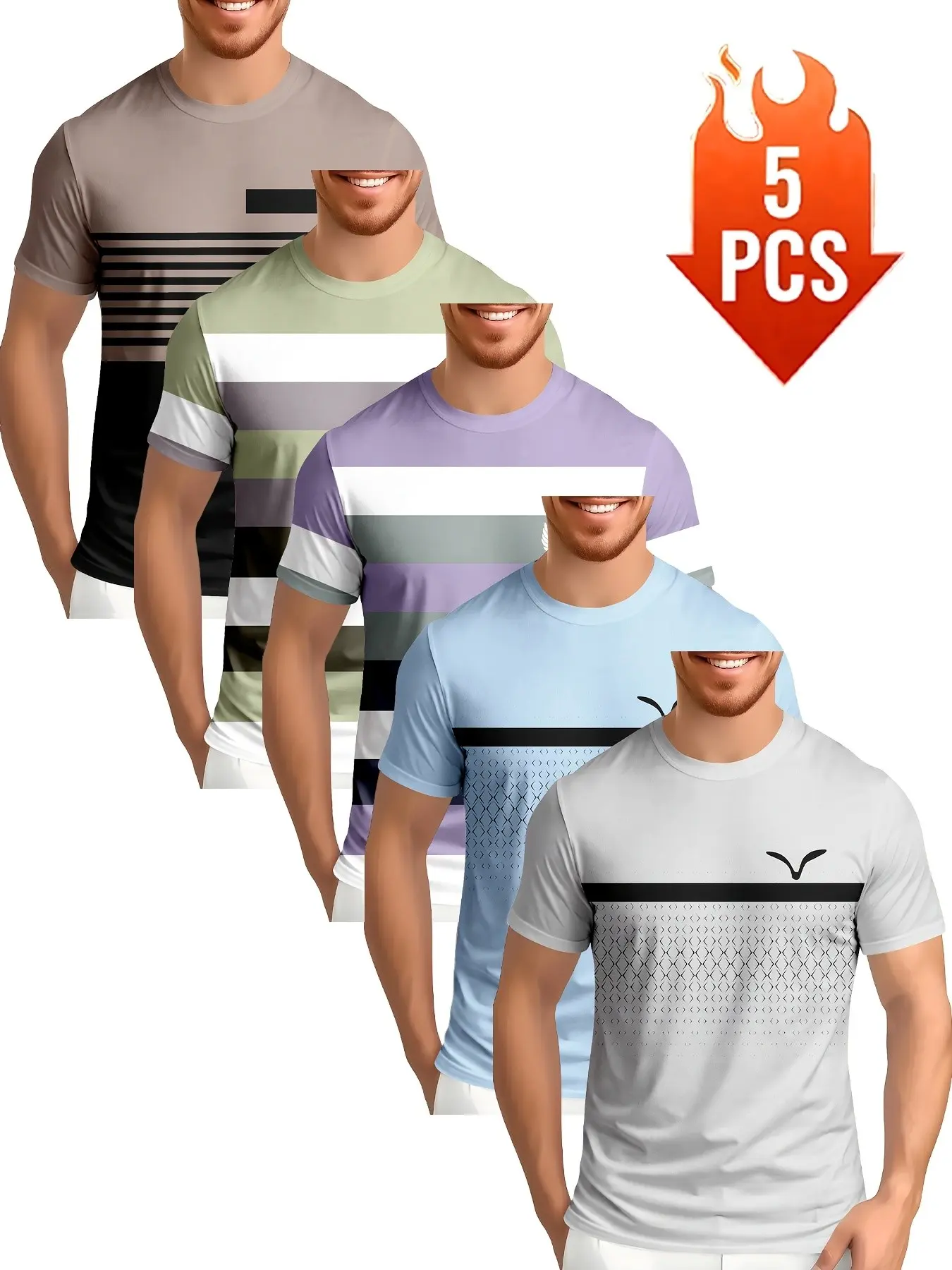 Men's Summer Casual Short Sleeve T-Shirt 5-Pack, Simple Striped Design, Breathable Comfort, Loose-Fitting, Long Length, Graphic Pattern