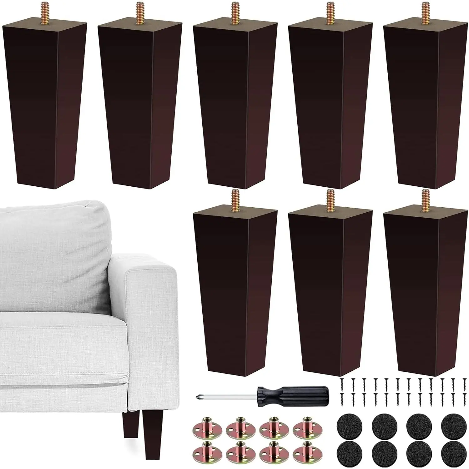 Set of 8 6 Inch Square Solid Wood Brown Furniture Legs, Replacement Sofa Couch Legs Mid Century Furniture Feet for Armchair Bed Dresser Cabinet Include Installation Hardware