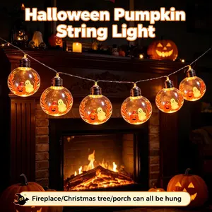 Halloween String Lights,10 LED Clear Flat Globe Bulb Lights with 2 Modes, Battery Powered Warm Fairy Lights for Indoor Outdoor, Decor for Front Door Porch Yard Party(Pumpkin Ghost, Halloween)