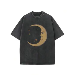 Washed, Moon And Stars Accompanied By Printed T-Shirts, High-Quality Batik Cotton Vintage Fashion Brand T-Shirts, Beach Essential, Men's Summer T-Shirts, Holiday Gifts, Perfect Gifts.