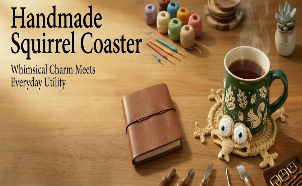 Funny Hand-Crocheted Squirrel Coaster, Cute Handmade 3D Animal Mug Rug, Novelty Knitted Cup Mat Desk Decor, Unique Whimsical Drink Coaster for Coffee & Animal Lovers (Yellow)