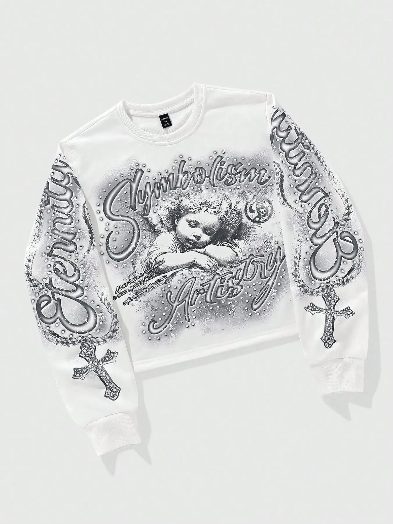 High Street Trendy Short Sleeve Printed Sweatshirt, Angel and Cross Pattern, Round Neck, Versatile Long Sleeve Top