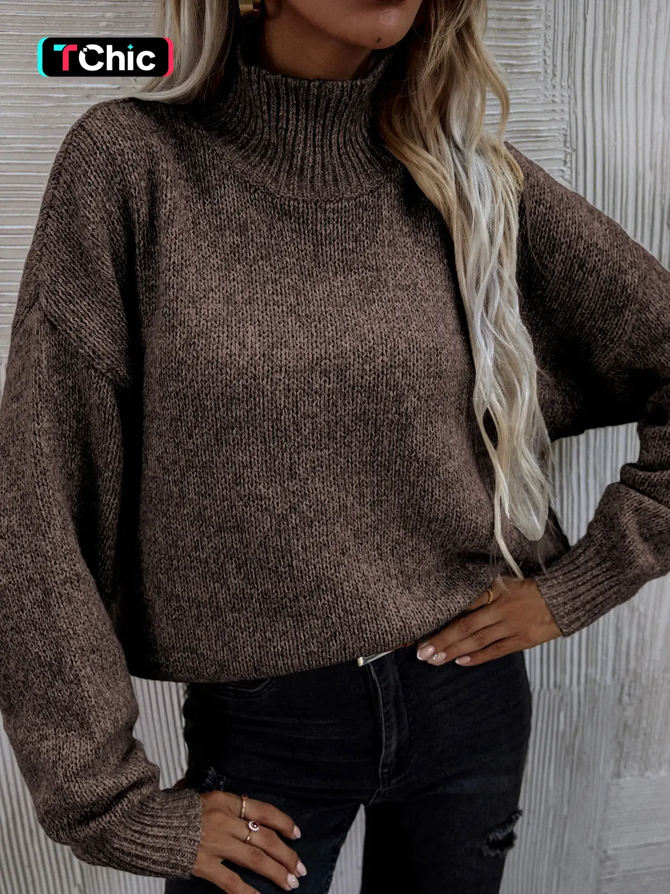 Women's Solid Drop Shoulder High Neck Sweater, Casual Long Sleeve Jumper for Fall & Winter, Fashion Ladies' Knitwear for Daily Wear