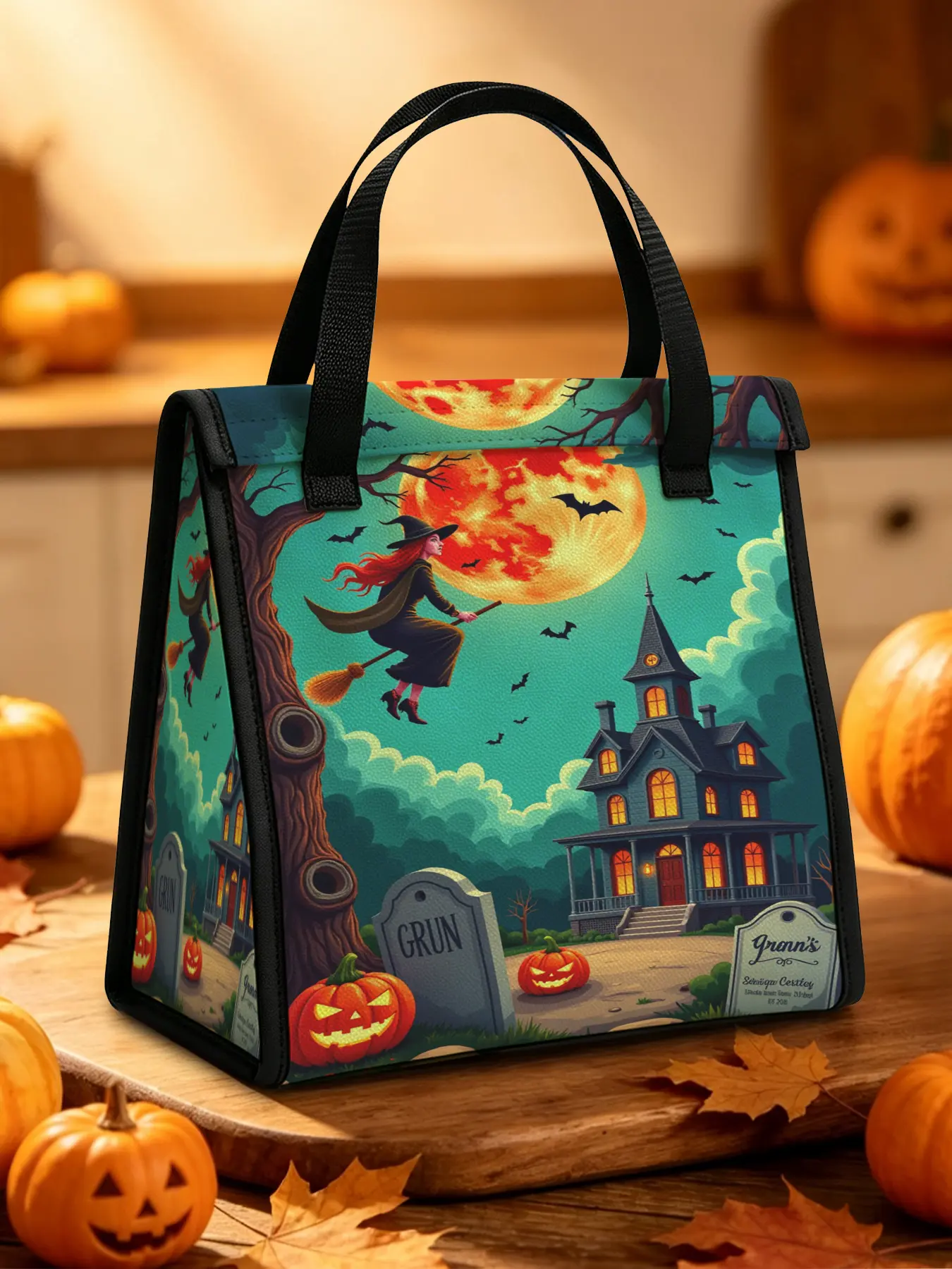 Moonlight Witch Castle Illustration Lunch Bag Halloween Theme Lunch Bag Zipless, Waterproof and Oil Resistant, Suitable for Office, School, Camping and Picnicking Use