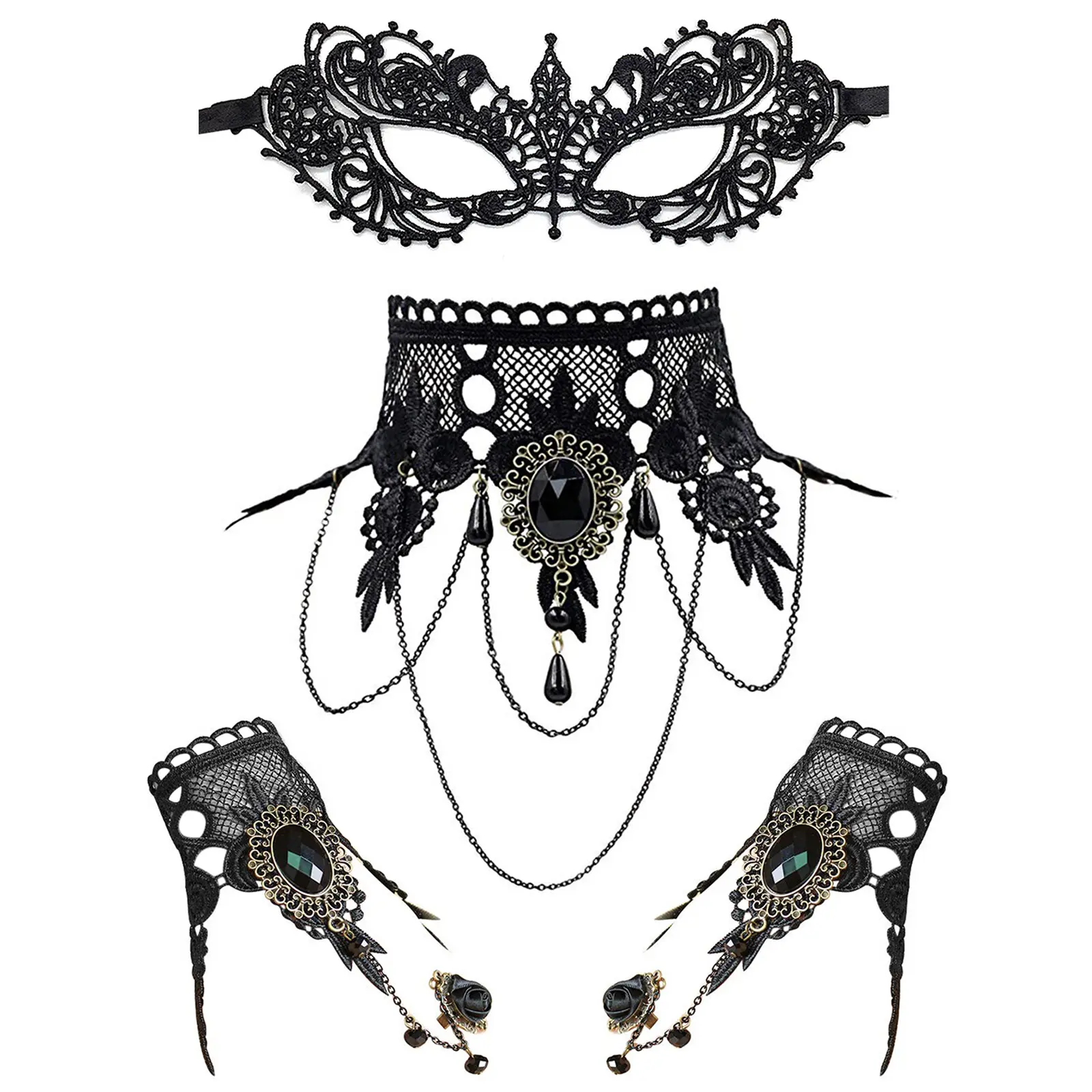 3Pcs Women's Gothic Black Lace Mask Choker Necklace Bracelet Set for Masquerade Party