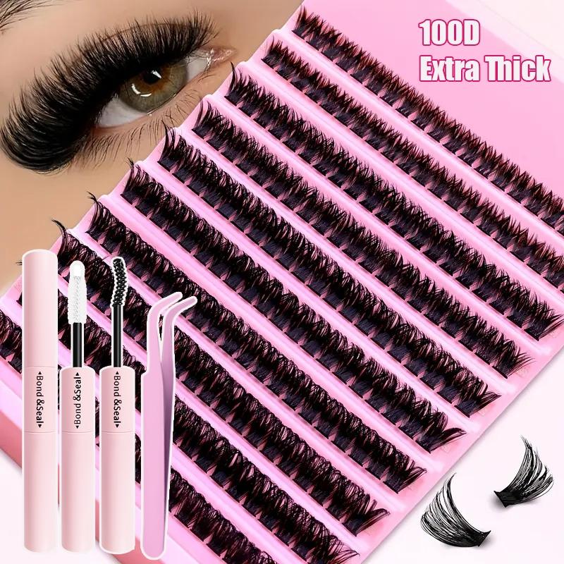 800/740/200pcs Eyelash Extension Kit, Fluffy Lash Extension Set with Lash Bond & Seal, Lash Tweezers and Thick Lash Clusters, Wispy Individual D-Curl Lashes with Eyelash Glue & Tweezers (30D/40D/50D/60D/80D/100D Mixed, 9-16mm)