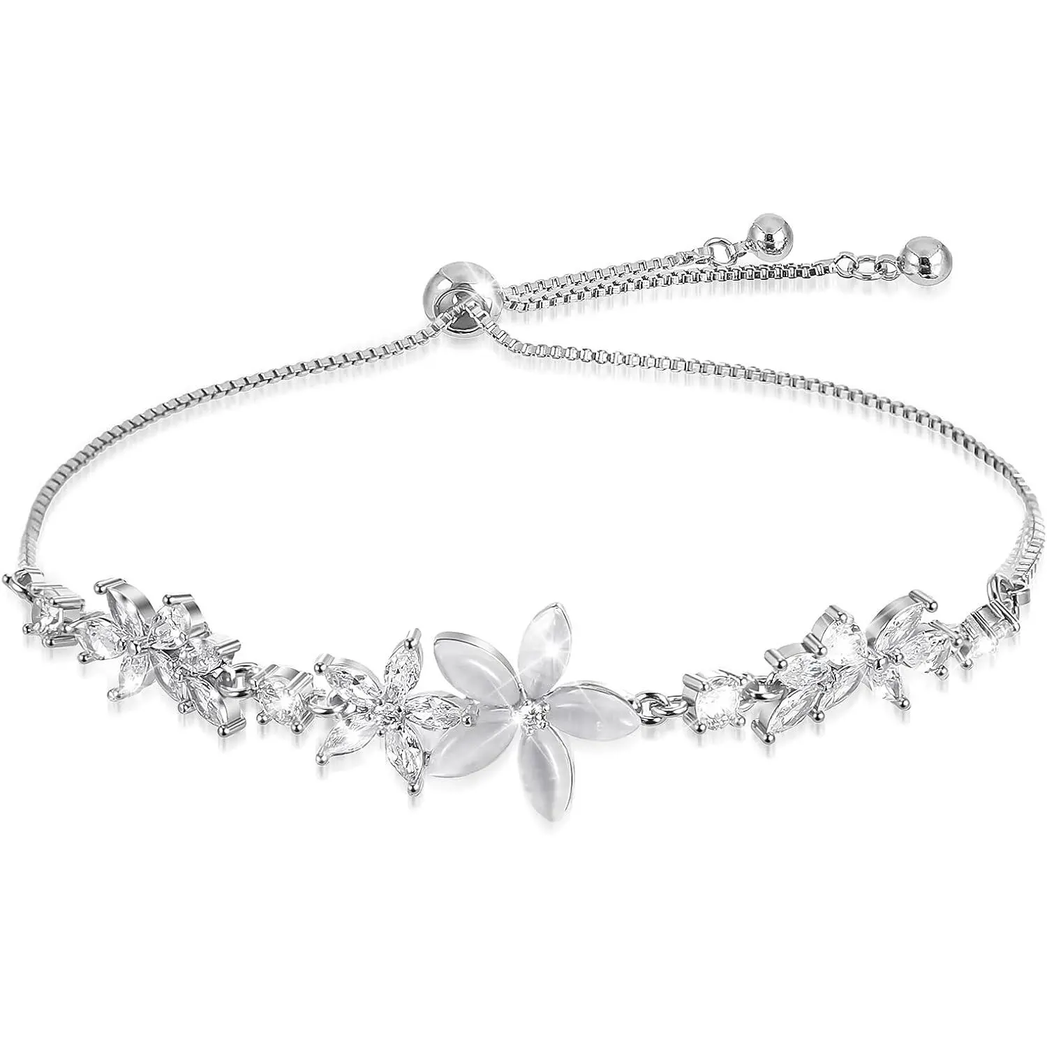 Gold Adjustable Bracelets for Women,Dainty Flower Bracelet Rhinestone Slider Floral Bracelet Floral Jewelry Adjustable Bridesmaid Bracelets Jewelry Gift