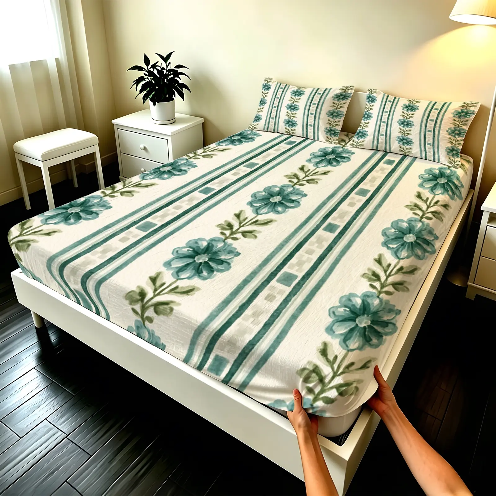 3pcs Fitted sheet Teal Floral Striped Pattern Soft Microfiber Bedding Set Bed Linens Deep Pocket Wrinkle Resistant Fade Proof Breathable Easy Care Comfortable Fits Twin Full Queen King Cal King Size for Bedroom Home Hotel Guest Room