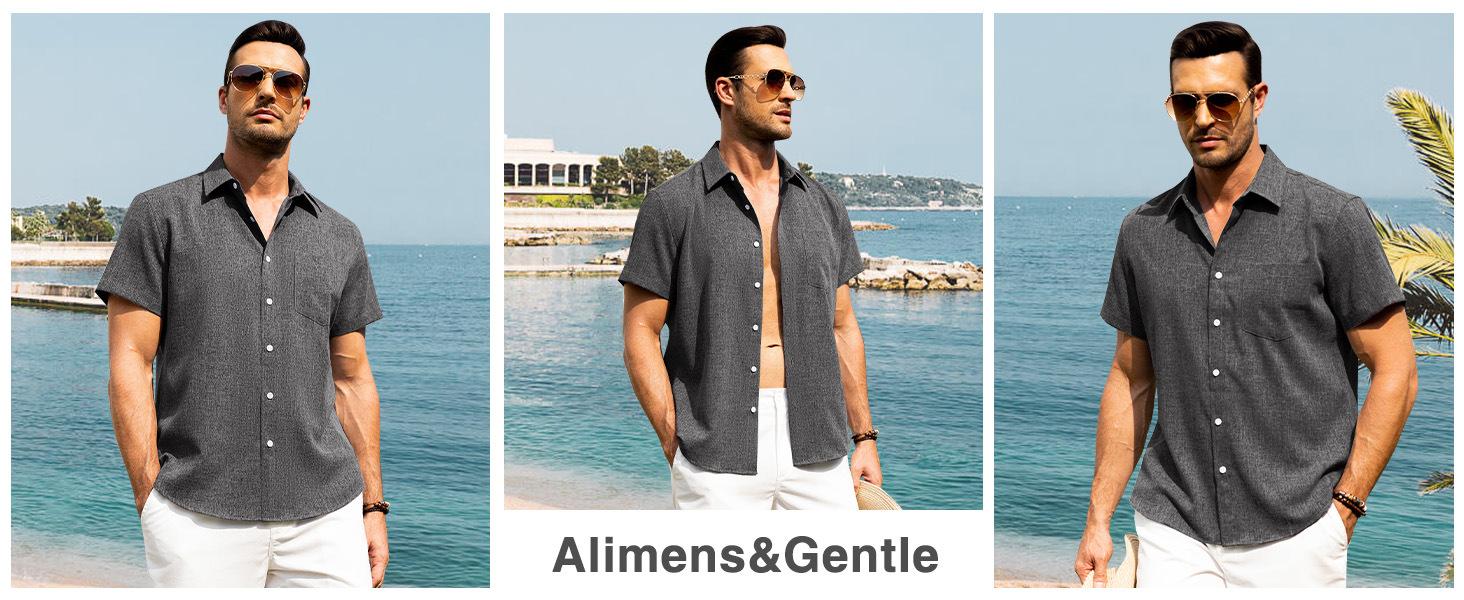 Alimens & Gentle Men's Linen Shirt Short Sleeve Button Down Shirt Wrinkle-Free Casual Vacation Beach Summer