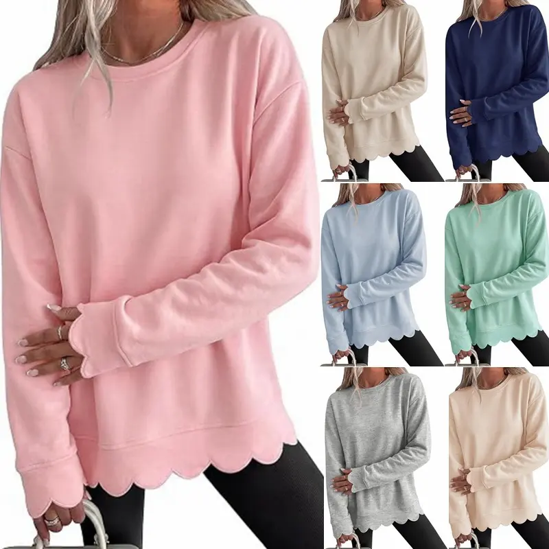 Women's Basic Minimalist Solid Color Round Neck Longsleeves Fan-Shaped Casual Pullover Sweatshirt, Lady's Comfortable Women's Tops