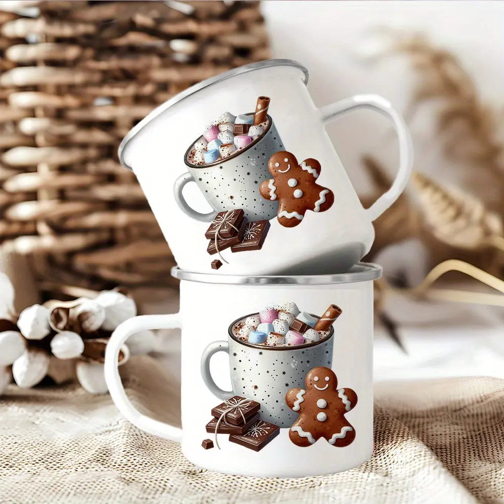 1pc Enamel Gingerbread Man And Marshmallows Hot Chocolate Mug - Hand-Wash Solely Suitable, Valentine'S, Thanksgiving, Cozy Winter Drink Cup Hot Cocoa, And