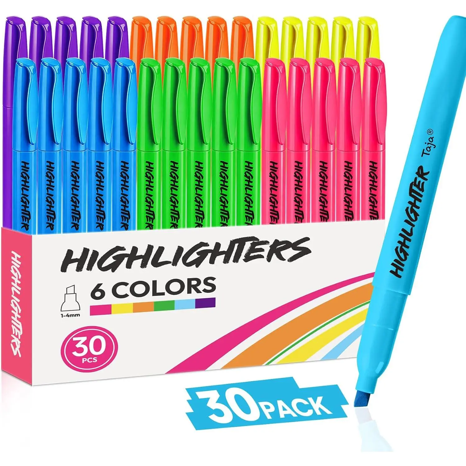 30 Pack Chisel Tip Highlighters, 6 Colors with Smooth Quick-Dry Ink, Broad Lines for Highlighting, Ideal for School/Office Stationery Supplies