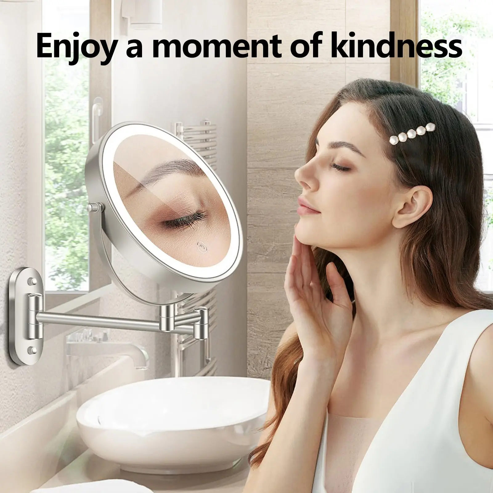 5x Magnification LED Makeup Mirror with Lights, Wall-Mounted Bathroom Mirror, 360° Rotatable, Adjustable Arm, Three Color Lights, Ideal for Makeup, Shaving, Skincare