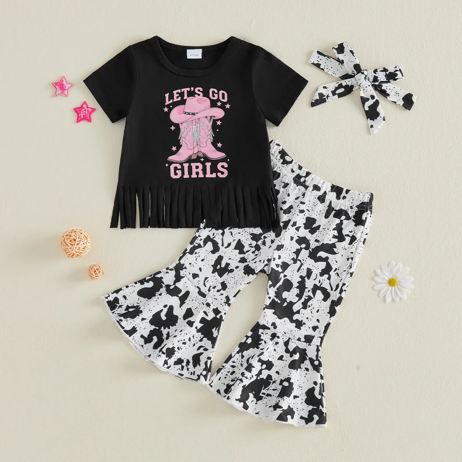 Meihuida Western Toddler Baby Girl Clothes Short Sleeve Boots Print Tops + Pants + Headband 3 Piece Set Cowgirl Country Clothes