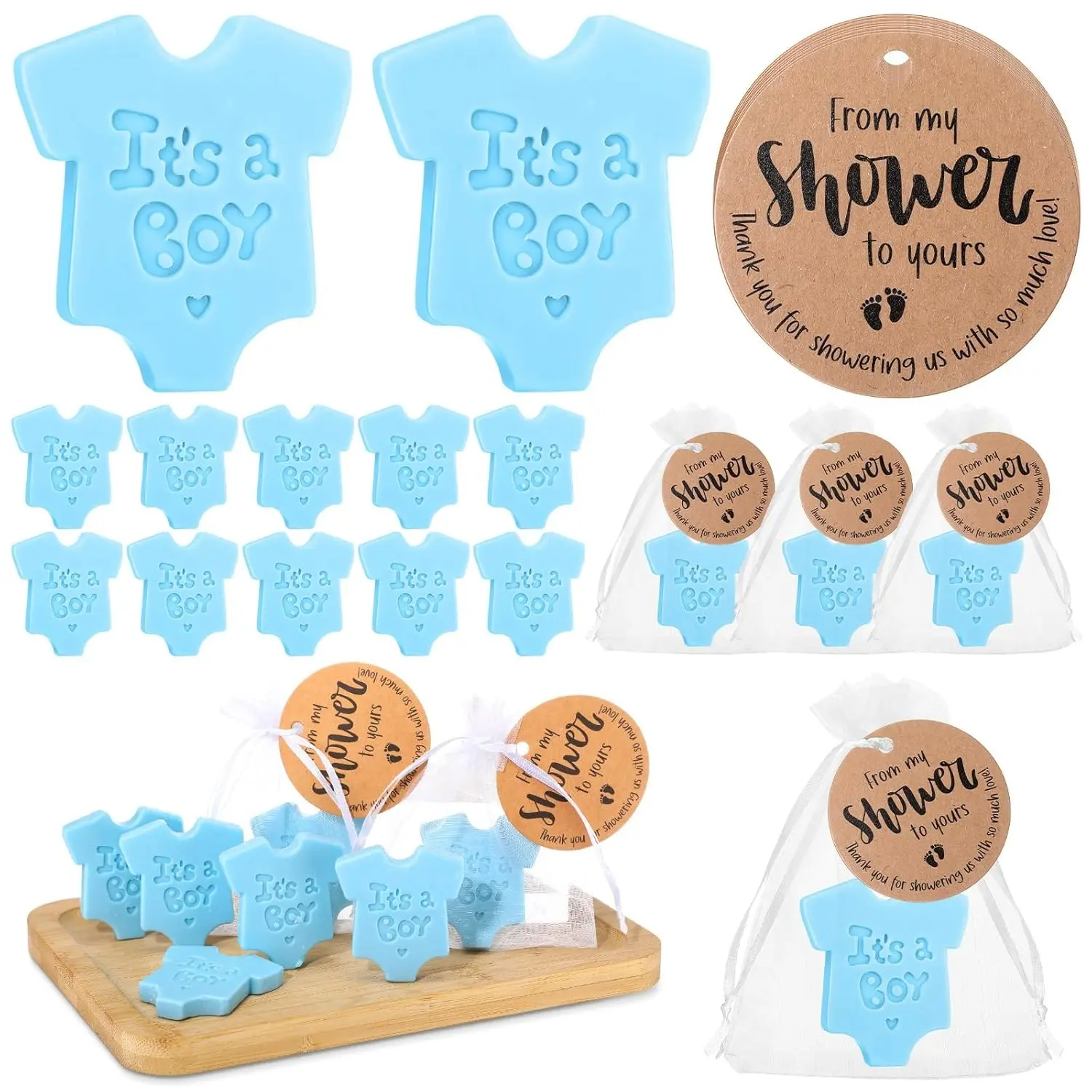 25 Sets Mini Size Handmade Soap Baby Shower Favors, Shirt-Shape Soaps with Thank You Tags & Organza Bag, Blue It's A Boy for Gender Reveal Party Guests