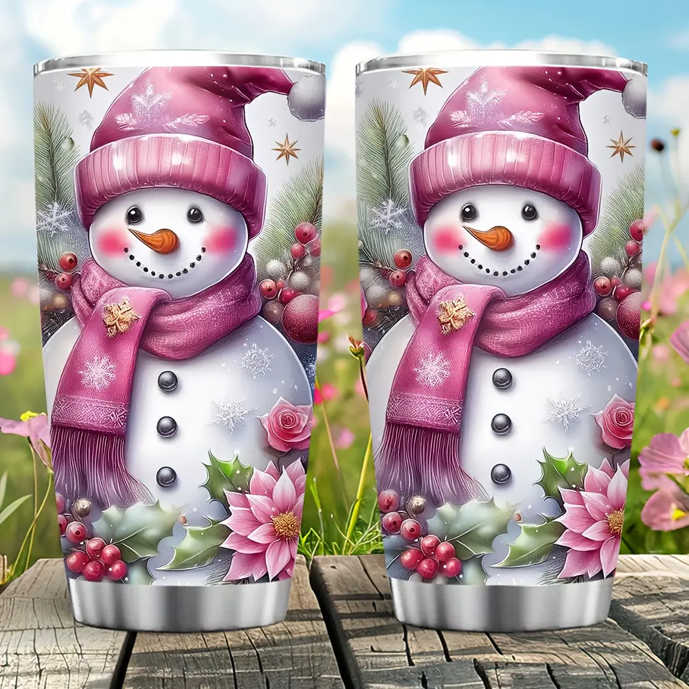 1 20 ounce holiday snowman patterned insulated travel mug, perfect for keeping warm and cold, as a Christmas and winter celebration party souvenir