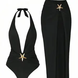 Two-piece one-piece bikini swimsuit for women in solid color