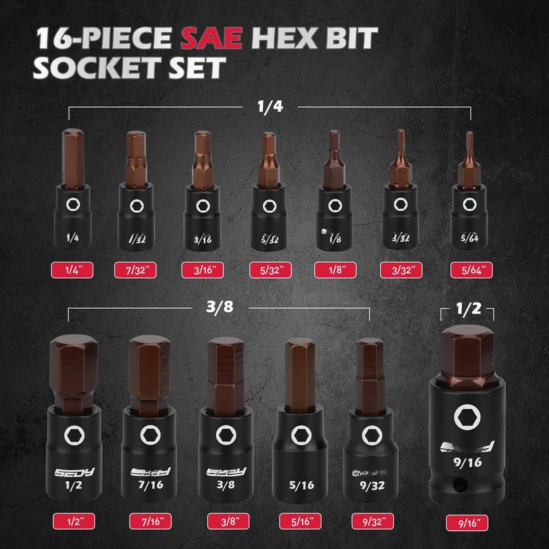 Allen-wrench Hex Bit Socket Set: 16-piece Set With Magnetic Rail Organizer 1/4  3/8 1/2-inch Drive 5/64-9/16 Key Adapter For Professional Garages WorkshopQuesear