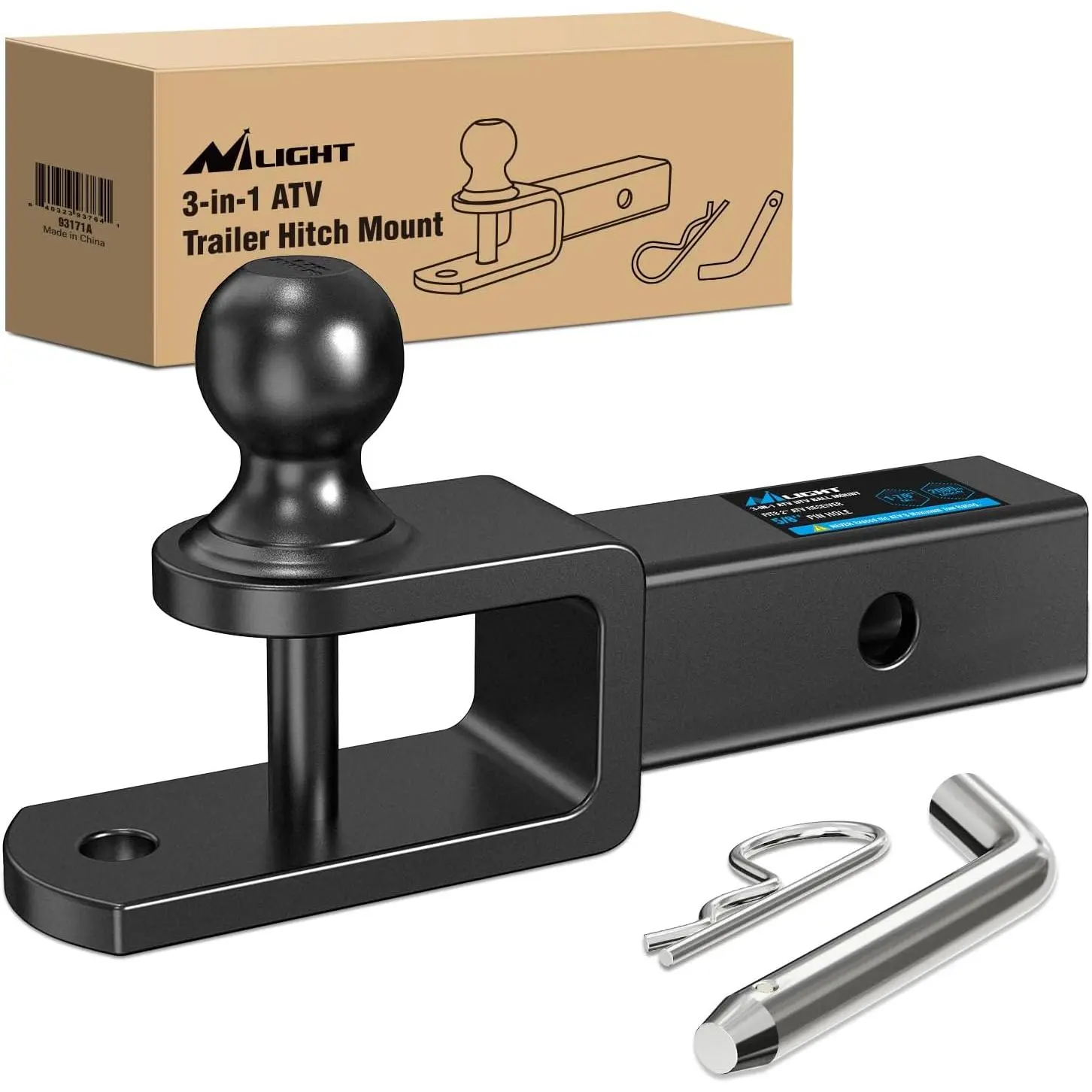 Nilight 3-in-1 ATV/UTV Hitch Mount, 1-7/8 in 2000 LBS Rating Ball, 2 in Receiver Fit, 5000 LBS Winch Strap Loop for Lawn Mowers, Tractors, Motorcycles, Dirt Bikes, Campers, Livestock & Recreational Vehicle Hauling, Hitch Receiver, E-Coat Pre-Coating