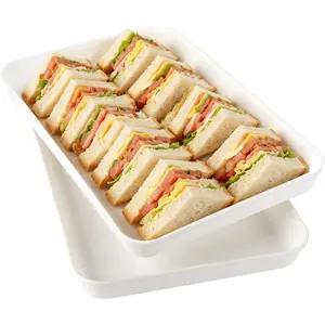 2-Pack Heavy-Duty Plastic White Reusable Stackable Rectangular Sandwich Serving Trays (15x10 in) - Solid Surface Platters for Camping, Outdoor Events, Camp Kitchen Tableware