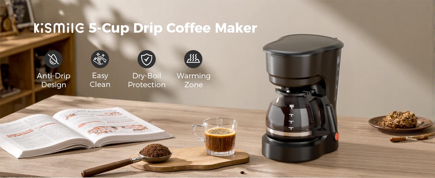 Kismile Compact Drip Coffee Maker 5-Cup Anti-Drip System Timer Removable Funnel Auto Shut-Off Anti-Dry Protection Dishwasher-Safe for Home & Office Black