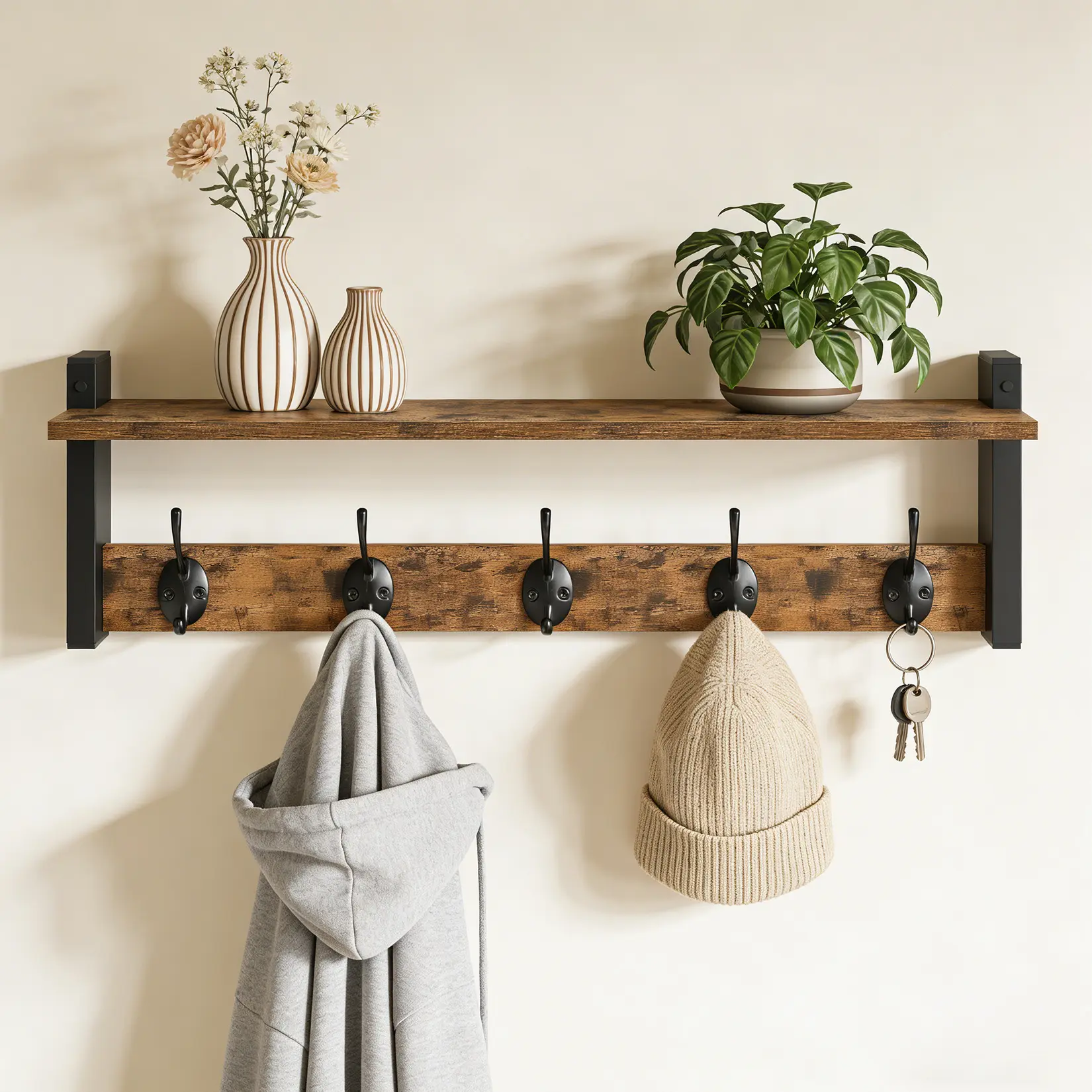17.7" Wall Mounted Coat Rack with Hooks – 5 Hooks Organizer for Entryway Storage – Iron & Wood Construction for Clothes, Hats, Towels, Bags – Home Décor