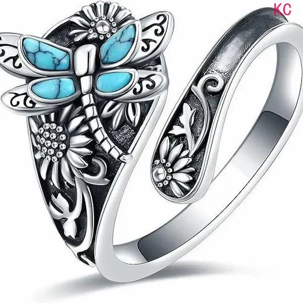 Bohemian Wrapped Ring Inlaid Turquoise With Dragonfly And Sunflower Motifs, Retro Unique Finger Jewelry For Women Daily Styling