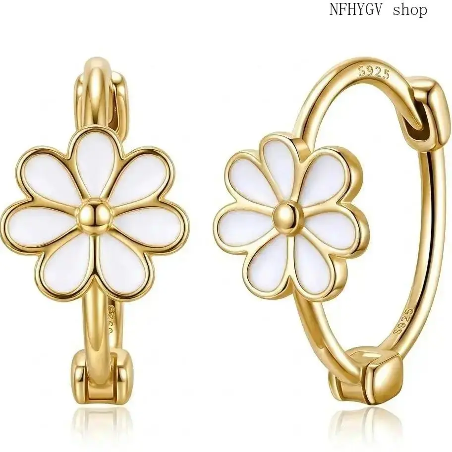 Exquisite Small Daisy Flower Hoop Earrings For Women, Genuine S925 Sterling Silver With 18K Gold Plating, Hypoallergenic White Enamel Hinge Style Hoops, Mini Floral Jewelry For Summer Daily Wear