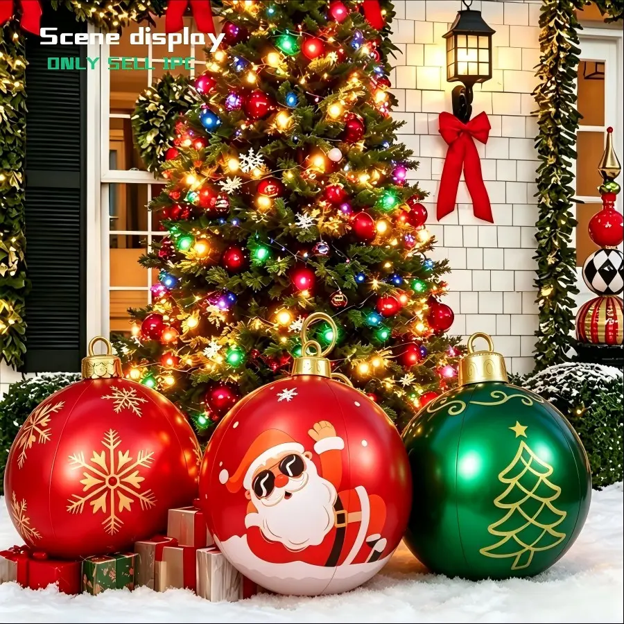 23.6 Inch Large Inflatable Christmas Ball, PVC Thickened Leak-Proof, Outdoor Garden Hanging Ornament, Vintage Festival Party Decor, Front Porch Decor