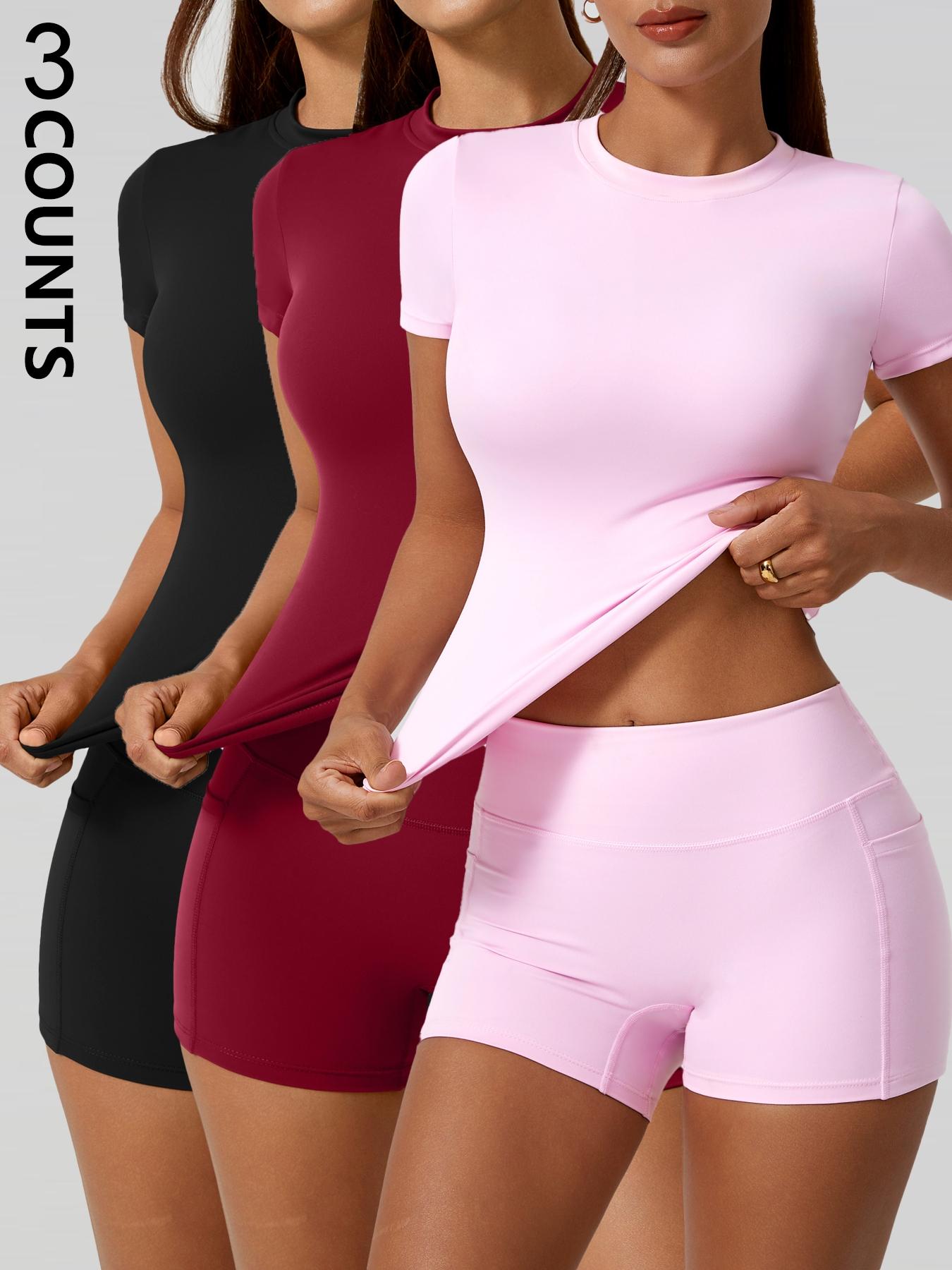 Women's Solid Tee & High Waist Shorts Sportswear Set, Casual Sporty Short Sleeve T-Shirt & Skinny Shorts, Ladies Summer Sportswear for Gym Workout Running, Breathable Activewear, Sporty Breathable Outfits