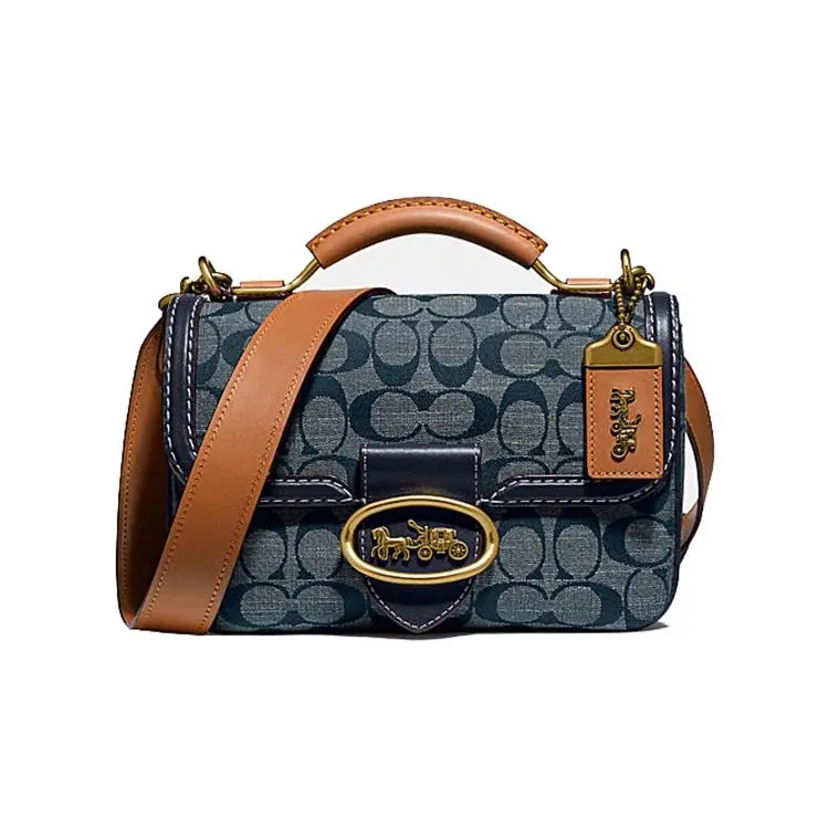 COACH Riley Embroidered Canvas and Leather Top-Handle Pillow Bag for Women, Denim Blue Monogram