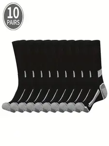 10 Pairs Men's Socks, // Mid-Calf, Fashionable Colorblock Sports Socks, Basketball Running Socks, All-Season Comfort