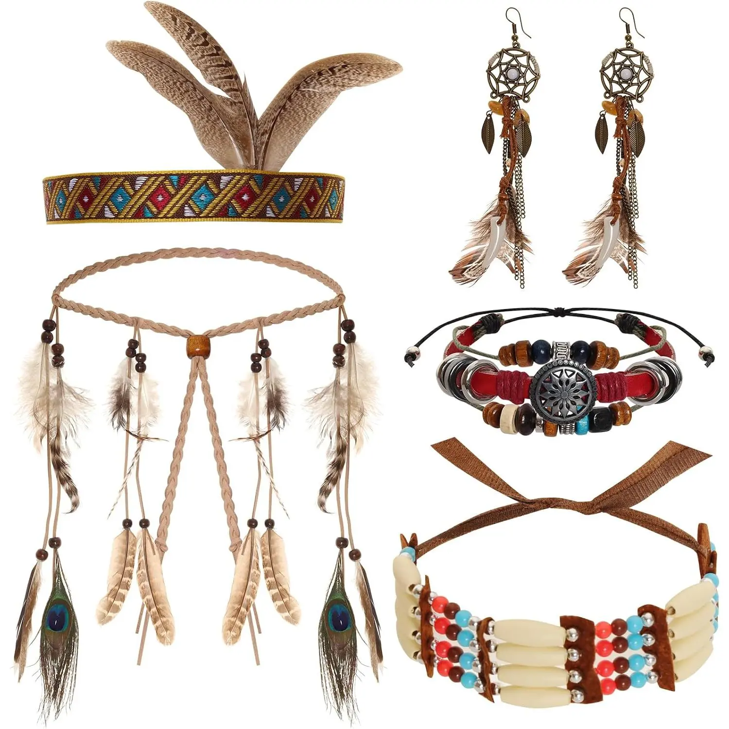 5 count Indian     Faux Peacock Headdress Boho Dream Catcher Earrings Choker Bracelet for Women